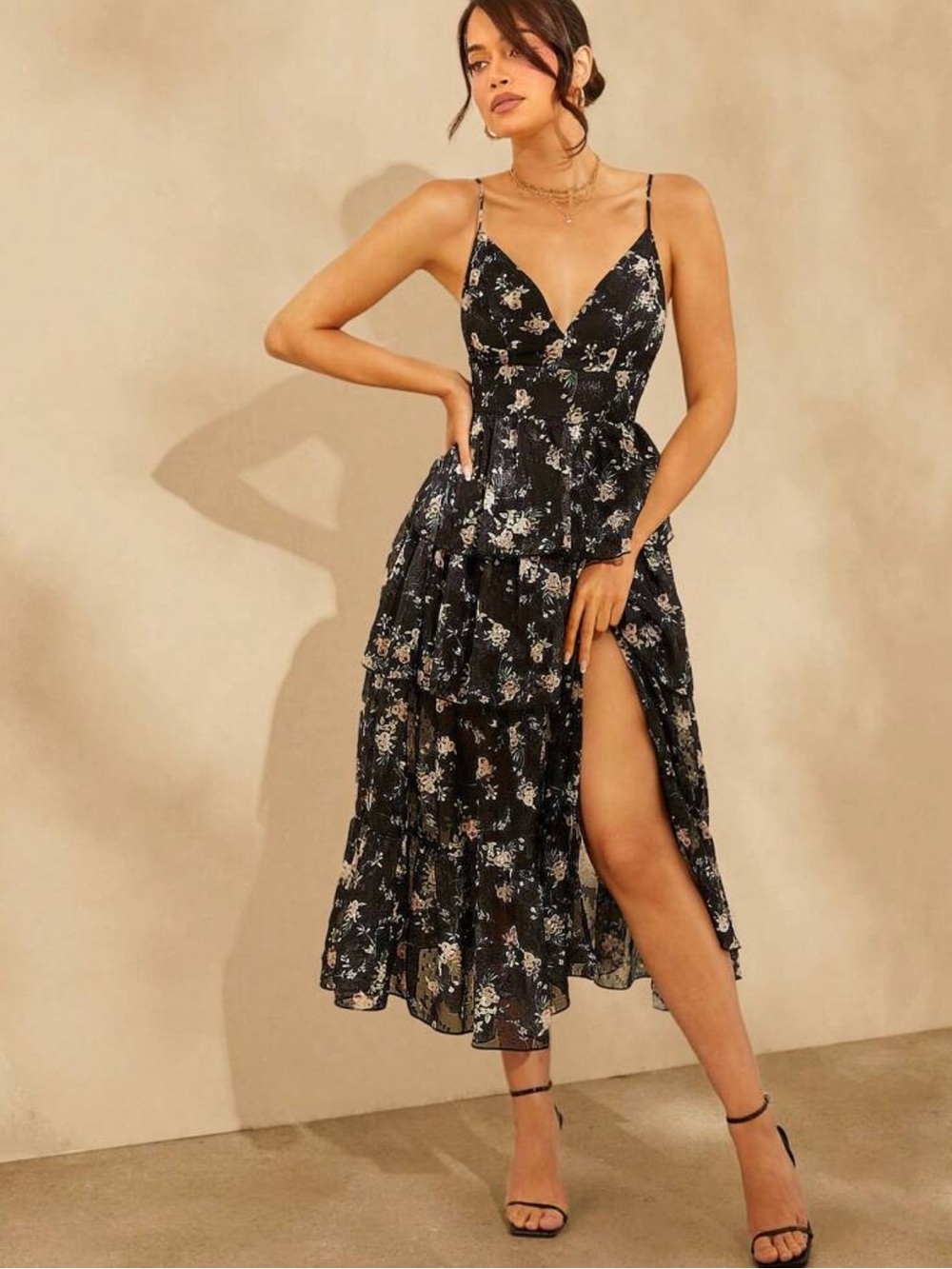 Floral Black Tiered V-Neck Maxi Dress